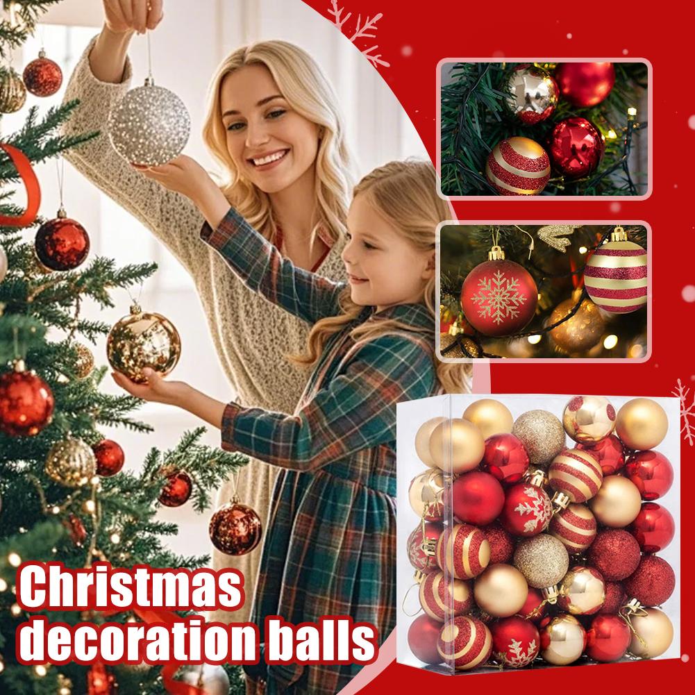 50 Stück Gold Rot Schneeflocke Weihnachtskugeln Set Kunststoff Neujahr Hängeanhänger Kugelornamente für Weihnachtsbaum Navidad Party Deko