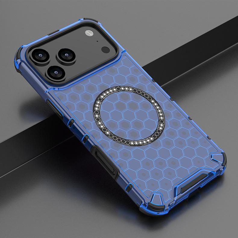 

Прозрачный чехол-броня с сотовой текстурой и магнитной фиксацией для iPhone 17 Air Pro Max Magsafe Беспроводная зарядка Силиконовый TPU Защитный чехол iPhone17 Air синий