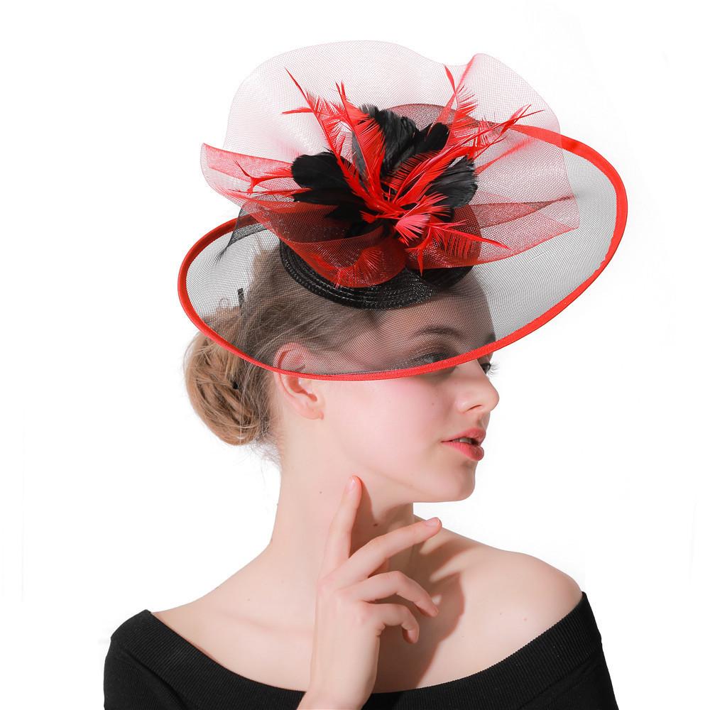 Boutique Banquet Mesh Top Hat Hemp Headdress Bridal Wedding Dress Mesh Red With Black Feathers