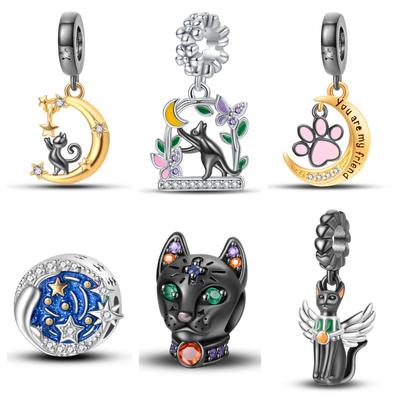 925 Silver DIY Style Pendant Pearl Moon Cat Butterfly Pendant Beaded Bracelet Jewelry Accessories Personalized Charm Jewelry Party Gift