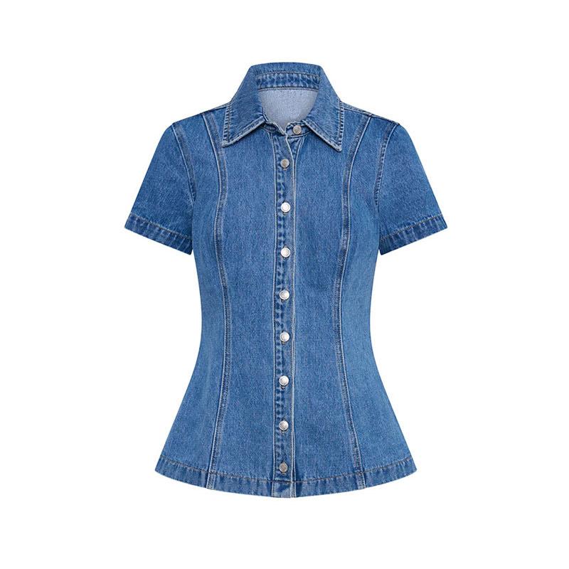 Women Single-breasted Splice Short Sleeve Jackets Slim Fit Denim Two Piece Sets Straight Wrap Hip Ultra Short Skirt Female Suits