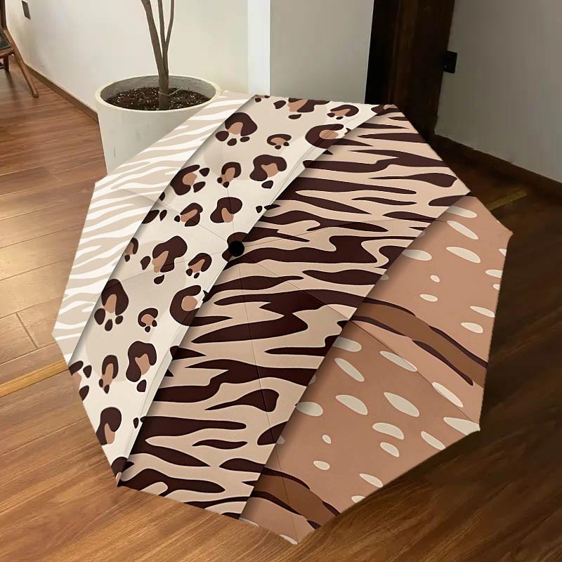 1PC Leopard Print Tiger Print Umbrella-8-Rib Reinforced, Automatic Open, Lightweight & Durable, Cute Fashion Accessory for Outdoor-T376