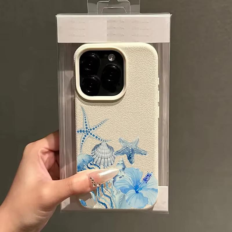 Ocean Jellyfish Lily Flower Pattern Phone Case For iPhone 17 Pro Max 16 Plus 15 Pro 14 13 12 11 X 17Air Lychee Textur Soft Cover