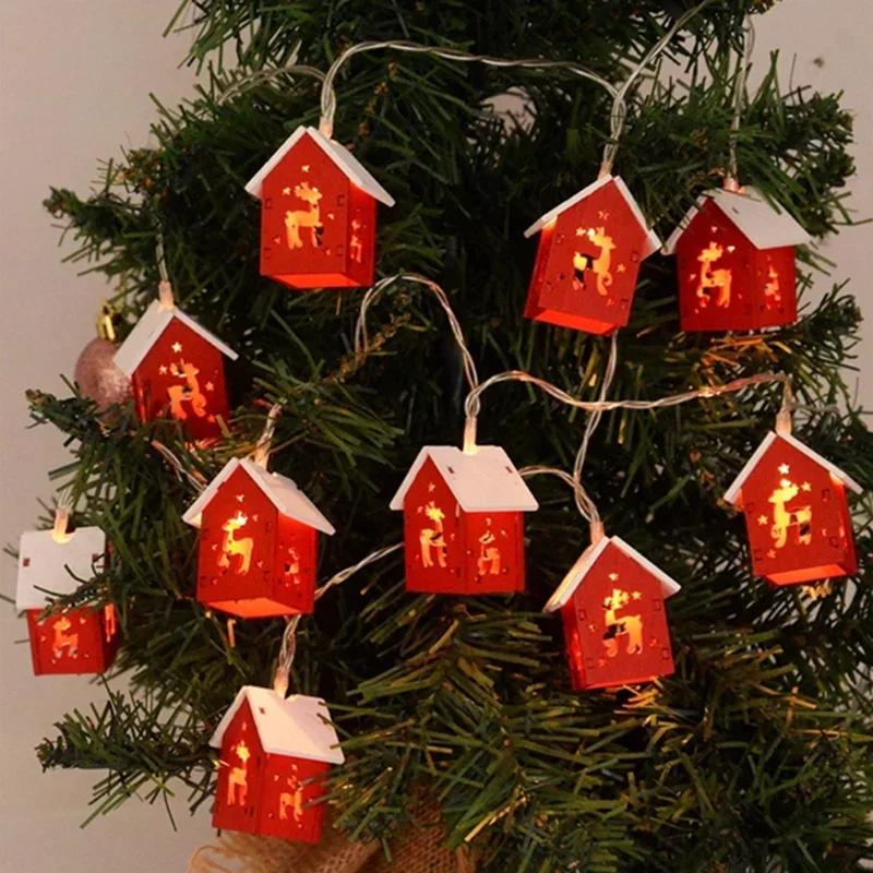 Christmas Wooden House LED String Light Xmas Tree Garland Home Fairy Lamp Merry Christmas Hanging Ornament Gifts