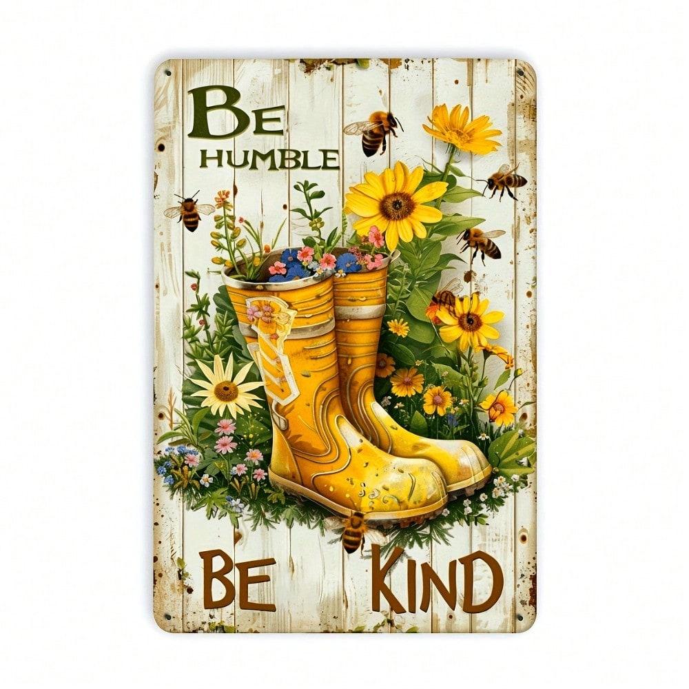 Vintage Tin Sign Wall Art Be Humble Be Kind Quote Rustic Decor with Bees 8x12 Inch