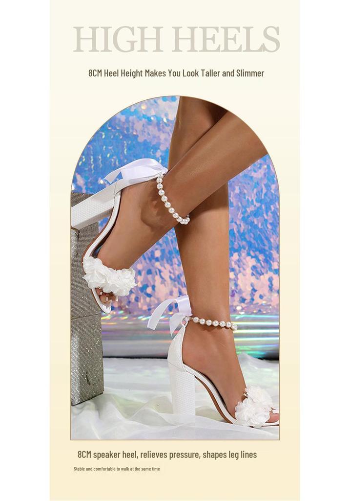 Women's Open Toe High Heel Sandals with Ribbon Pearl Chain - Plus Size Evening Summer Shoes