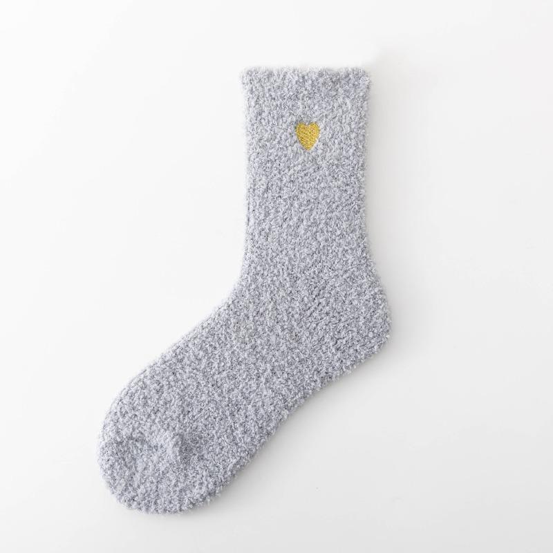 Autumn and Winter Coral Fleece Socks, Thickened Floor Socks, Embroidered Heart-shaped Home Socks, Warm and Soft Sleeping Socks