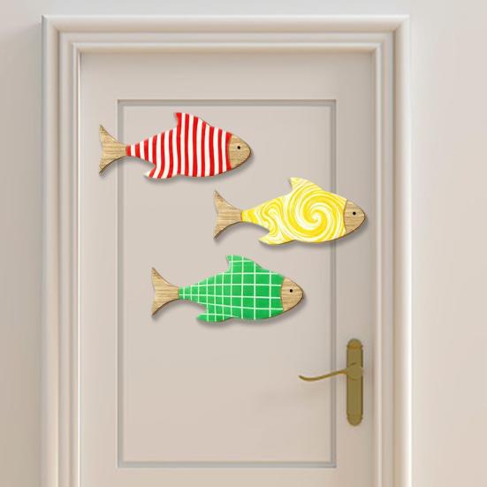 3Pcs/Set Wooden Fish Wall Art Decoration, Striped Wavy Plaid Fish Wall Sculpture, Summer Beach Theme Fish Ornament, Rustic Lake House Nautical Decor