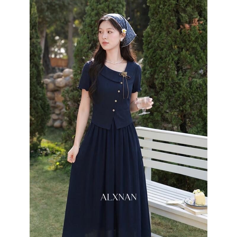 Women s Faux Two-Piece Navy Blue Summer Dress S