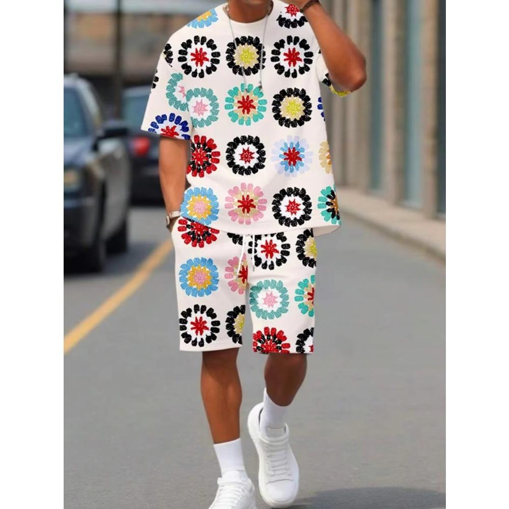 Men's floral round neck short sleeved T-shirt shorts set, round neck gradient short sleeved set