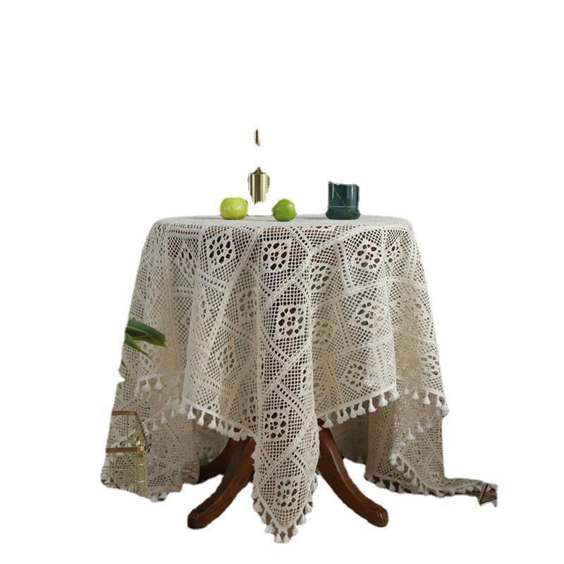 Tovaglia all'uncinetto fatta a mano con nappe, pizzo decorativo traforato stile Boho per tavolo da pranzo, tavolino da caffè