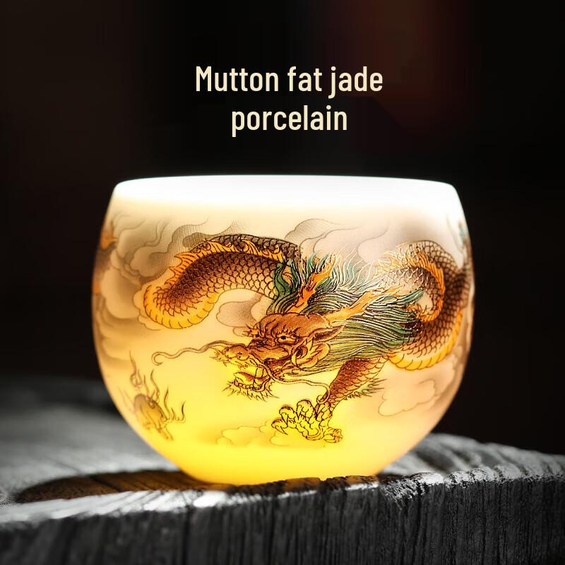 Mutton Fat Jade Porcelain Dragon & Phoenix Teacups