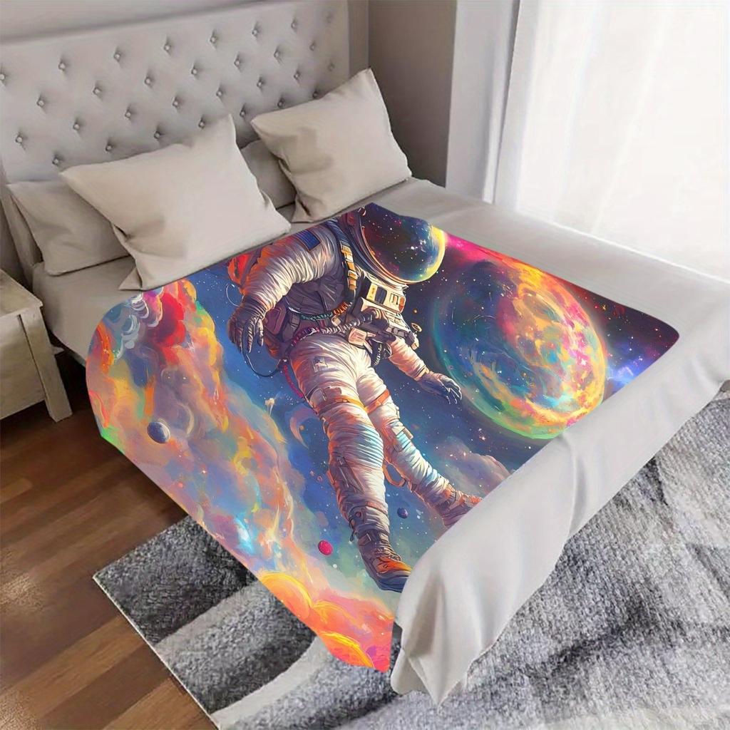 1pc Space Astronaut Throw Blanket - Soft Flannel All-Season Warmth, Cosmic Space Walk Design with Planets & Stars - Lightweight