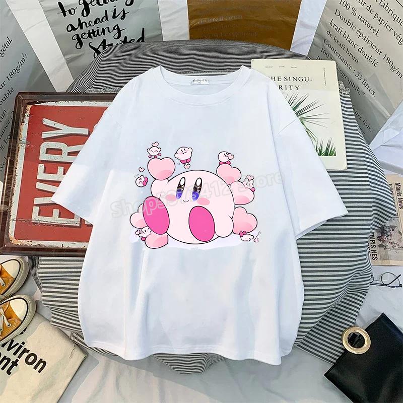 Kirby Shirt Summer O-neck Round T-shirt Cotton Short-Sleeve Tops Solid Color Adult Printed Anime White Tshirt Collar Couple Tees