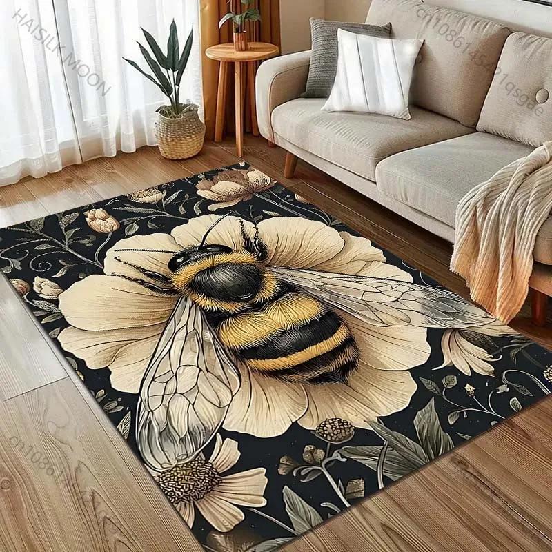 1 Stück Teppich im Retro-Stil mit Bienen- und Blumendruck, moderne Heimdekoration, Bereichsteppich, Wohnzimmer, Schlafzimmer, Bettseite, Sofa, Gang, Korridor, Bodenmatte