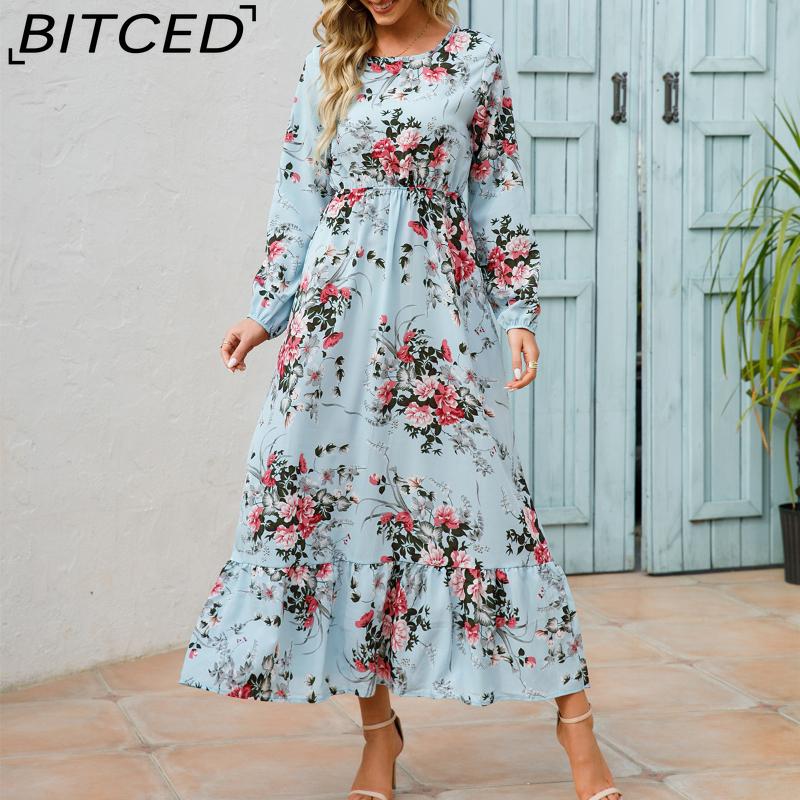 BITCED Spring Summer Bohemian Women Maxi Dress Casual Long Sleeve High Waist Beach Dress Women Floral Chiffon Dresses Vestidoes Mujer New