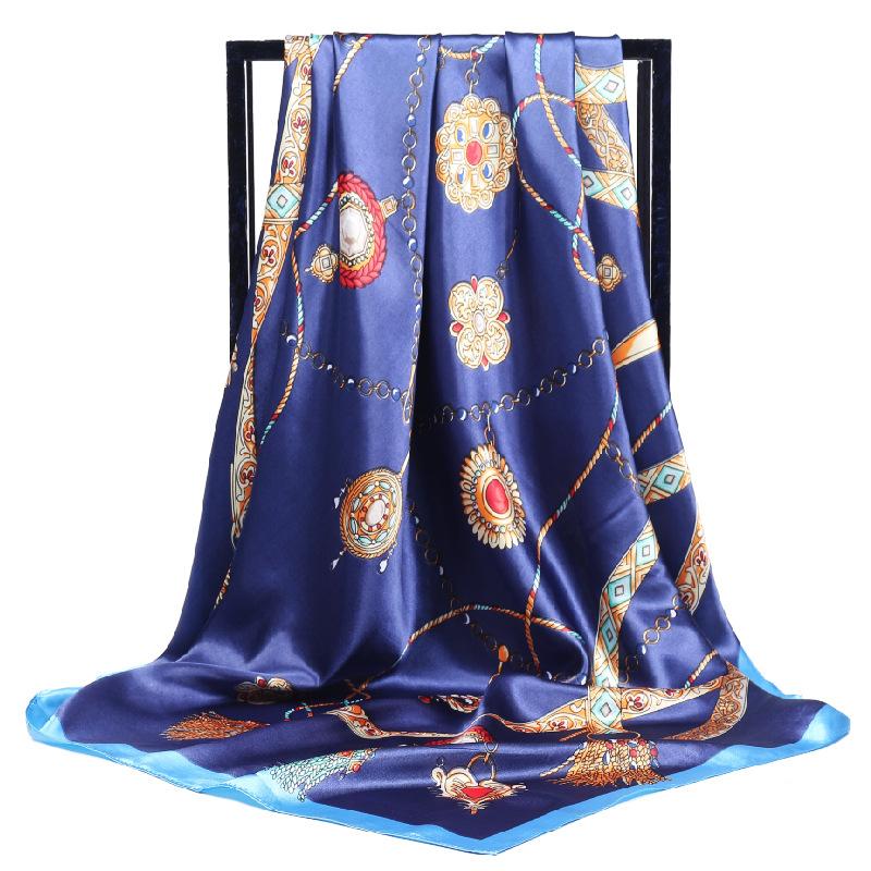 Luxury Women Silk Scarf Square Bandana Design Brand Headband Female Satin Hijab Large Shawl Wrap Lady Kerchief Chain Print New