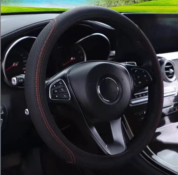 Fiber Leather Steering Wheel Cover - Double Circle, Elastic Band, Wear-Resistant, Embossed Design.