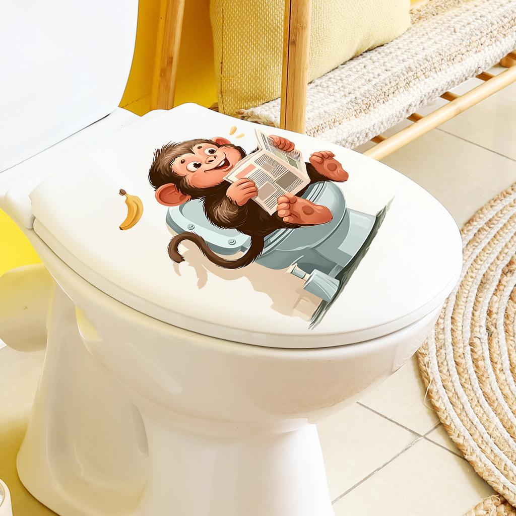 Creative Cartoon Monkey Reading Newspaper Toilet Lid Sticker Self-Adhesive Removable for Bathroom Home Decor