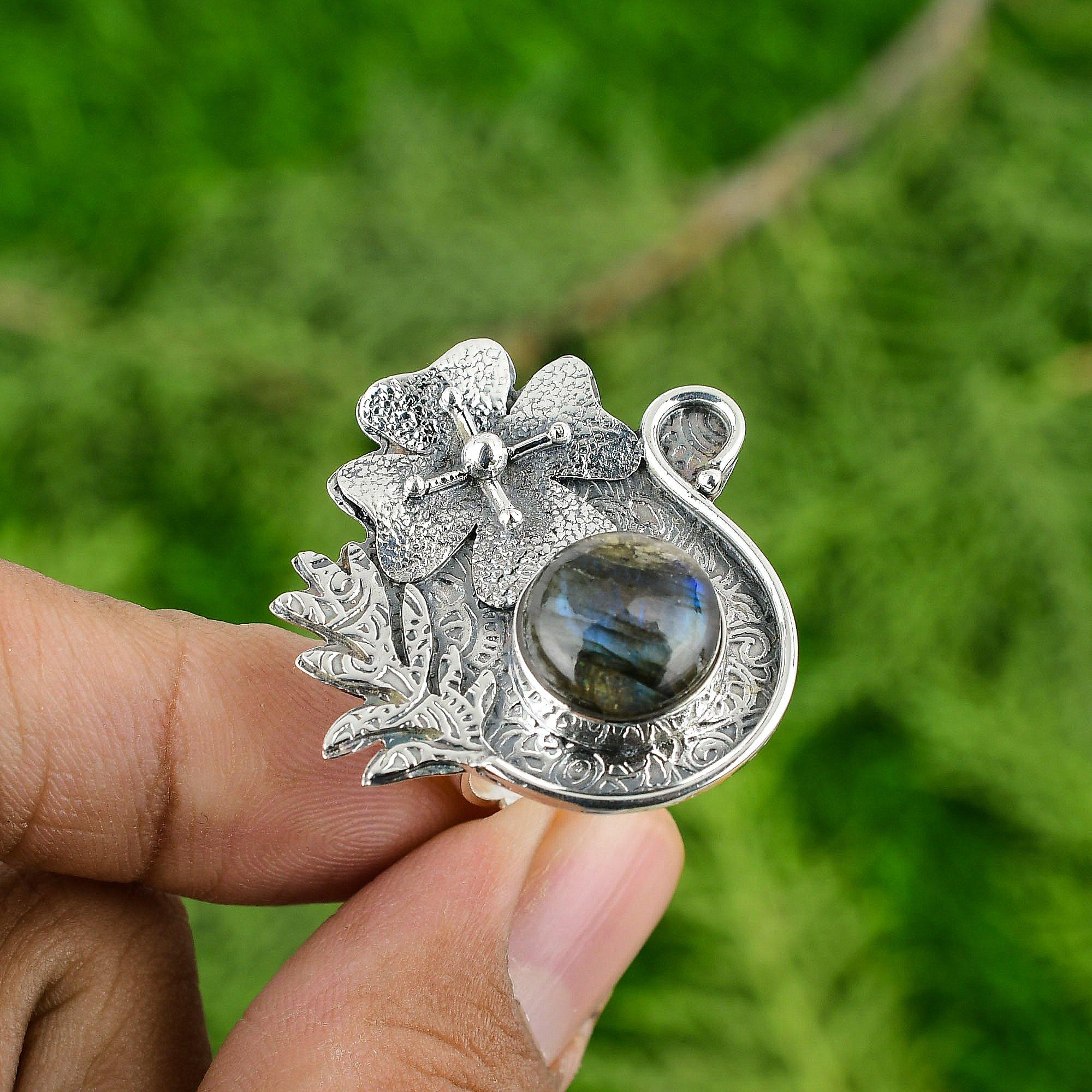 

Подарок для нее Натуральный лабрадорит Заявление Цветок Регулируемое кольцо 925 серебро Adjustable