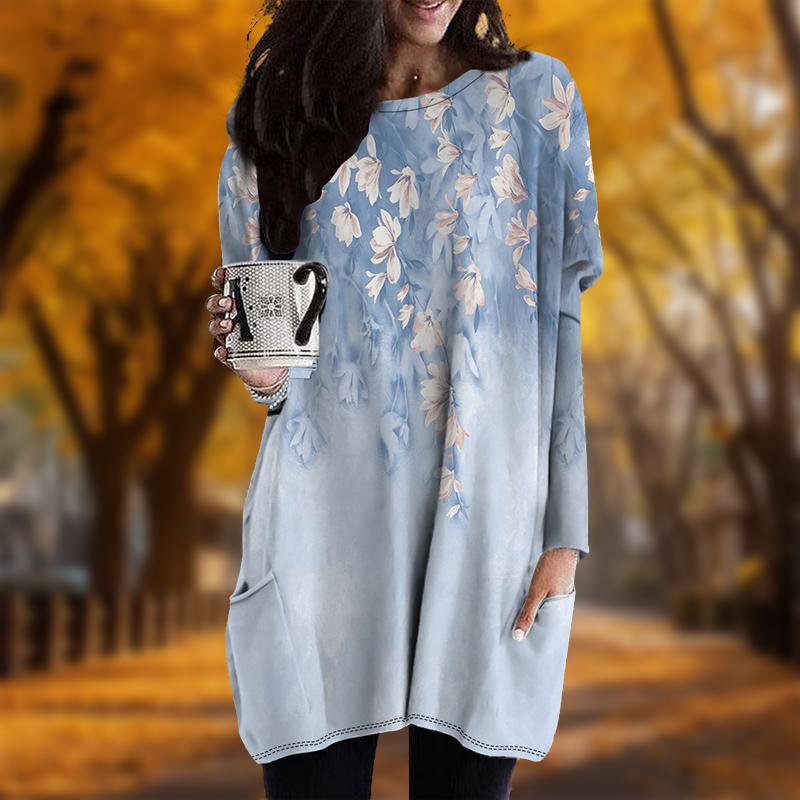 Neu Herbstlich Frischer Kleiner Blumenprint Übergröße Kleid Damen O-Ausschnitt Lange Ärmel Lässig Taschenkleider