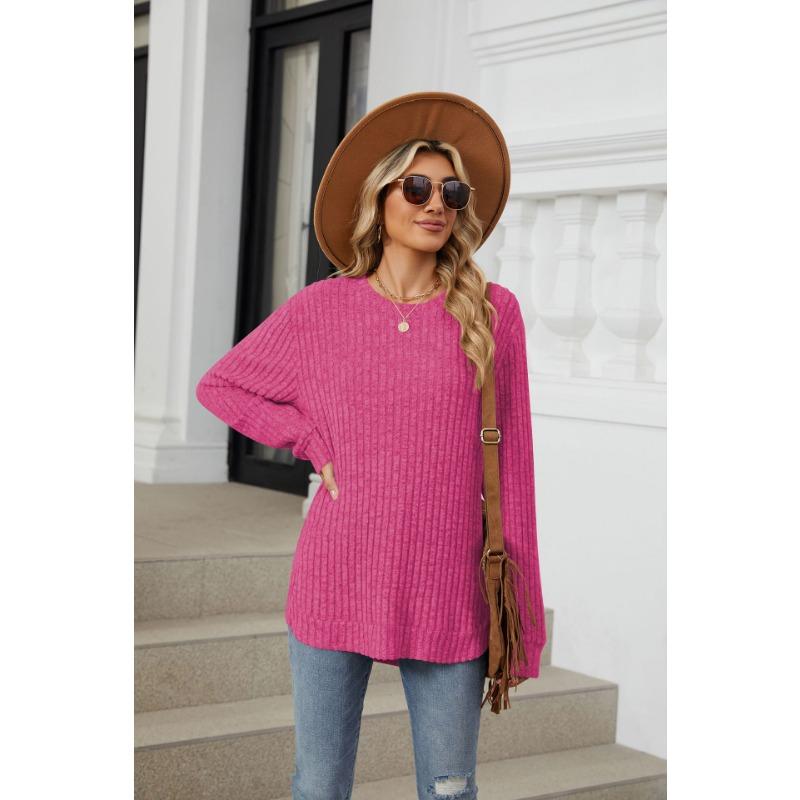 Herbst Damen Bluse Einfarbig Rundhals Gebürstet Locker Langarm Tops