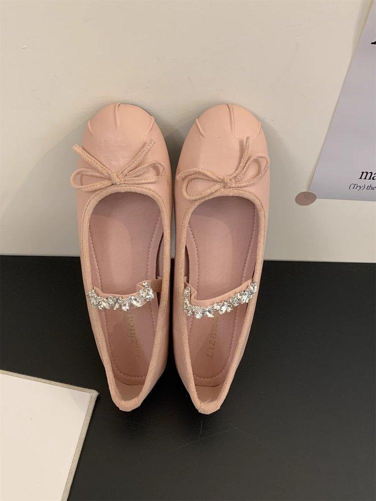 

French beautiful rhinestone word with flat bottom Mary Jane Doudou shoes bow not tired feet soft sole ballet single shoes women 39