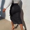 Women Trendy PU Midi Skirt Solid Color High Waist Lace-up Side Button Slim Skinny Pencil Skirt for Ladies Streetwear