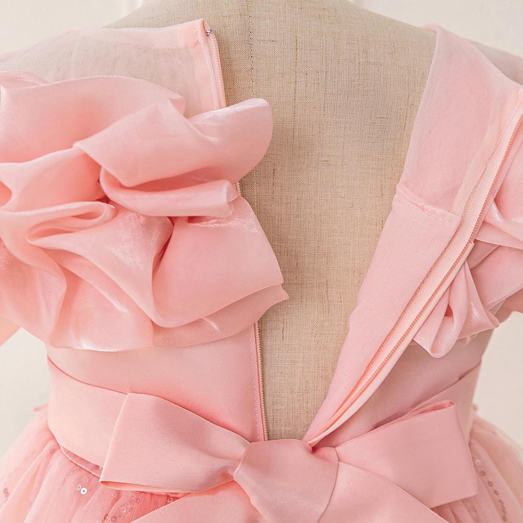 Girls' One-Shoulder Beaded Puff Skirt Evening Dress for Weddings