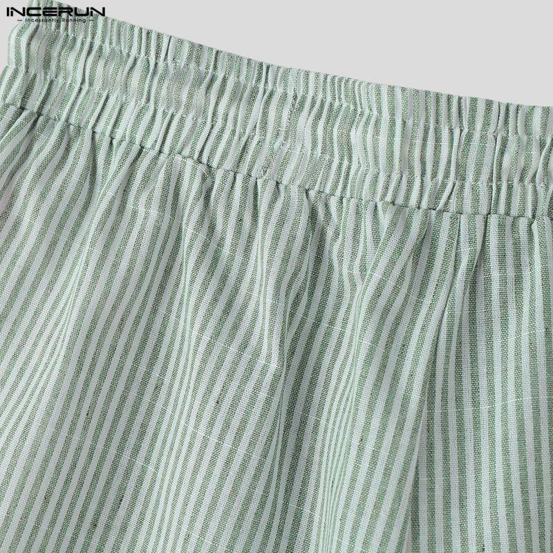 INCERUN Men Drawstring Elastic Waist Striped Hollow Beach Sports Shorts Pants