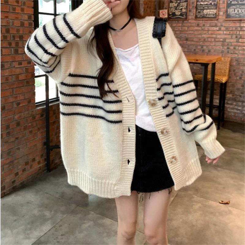 Contrasting stripes white knitted cardigan jacket new autumn and winter loose lazy college long-sleeved sweater top