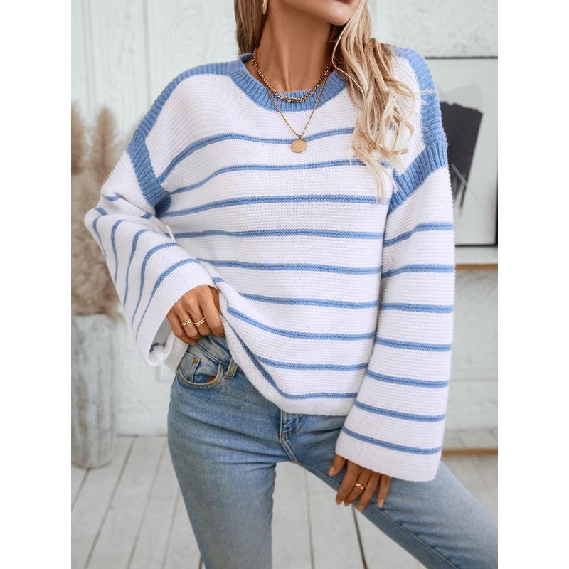 Women's Knitwear Fall/winter Loose Pullover Crewneck Striped Color-block Knit Sweater