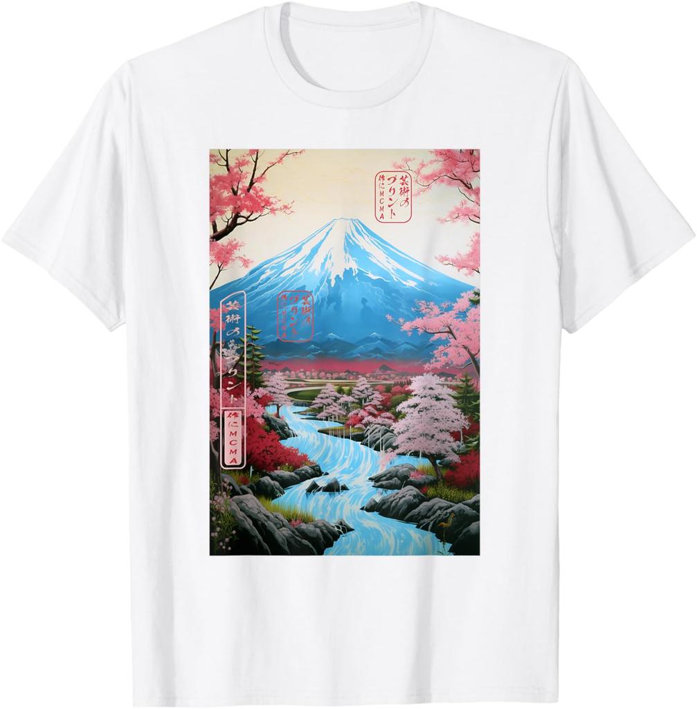 Mount Fuji Ukiyoe Cherry Blossom Graphic TShirt Soft Cotton Casual Short Sleeve Tee for Men