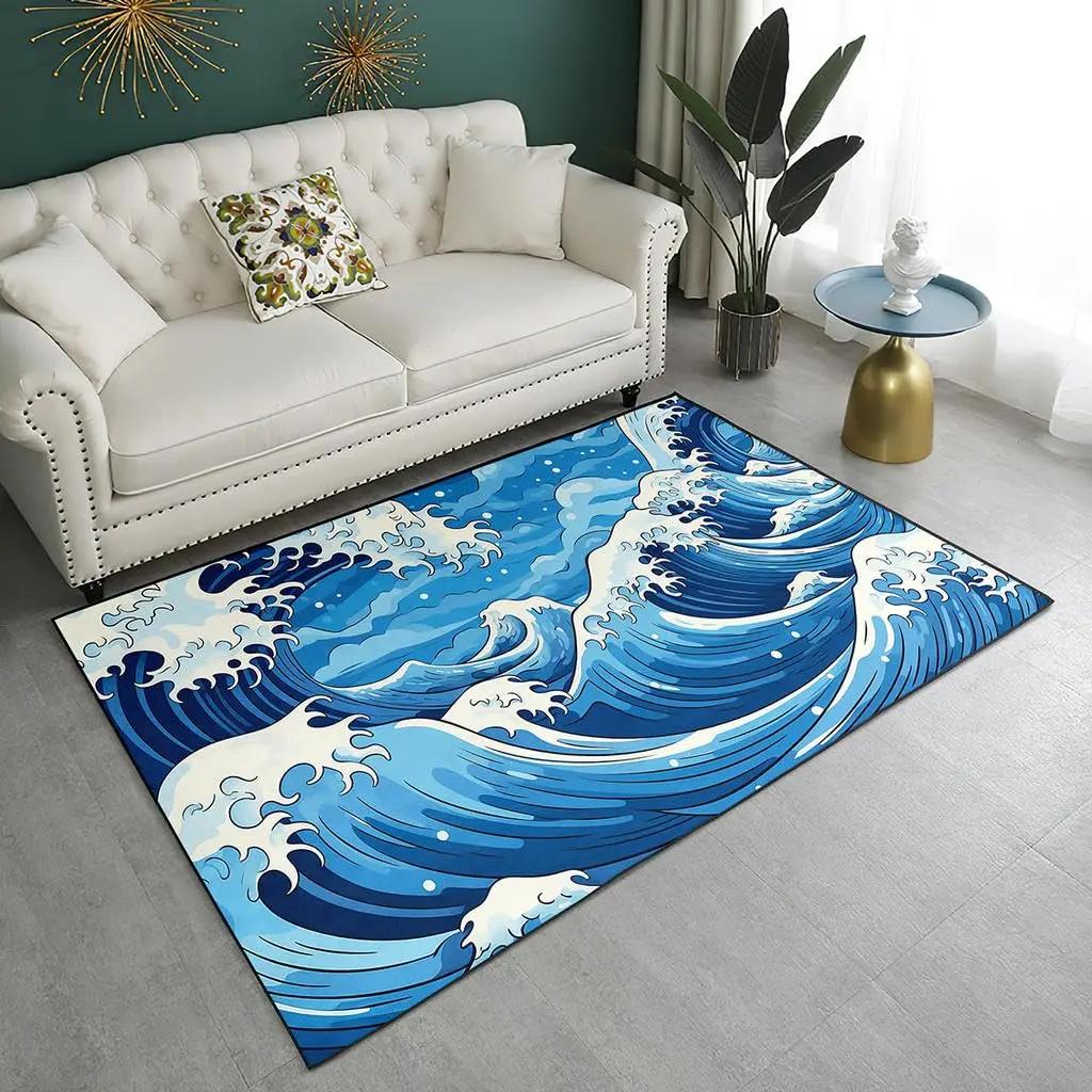Japanese Ocean Wave Carpet Ukiyo-E Nautical Area Rug Cherry Blossoms Mount Fuji Floor Mat Red Sun Gold Sky Mats Home Doormat