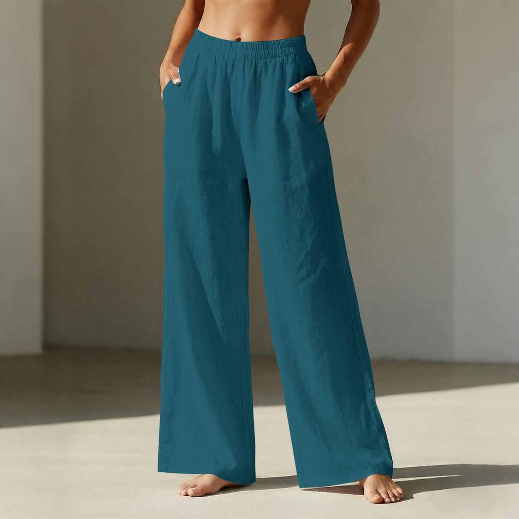 Women’s Wide Leg Linen Pants with Elastic Waistband and Pockets Loose Fit High Waist Casual Trousers for Daily Wear