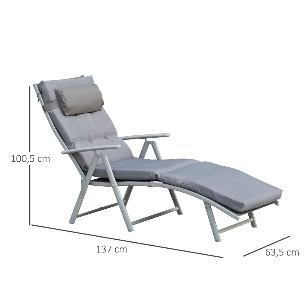 Patio Sun Lounger Garden Textilene Foldable Reclining Chair Adjustable Recliner with Cushion Pillow - Grey