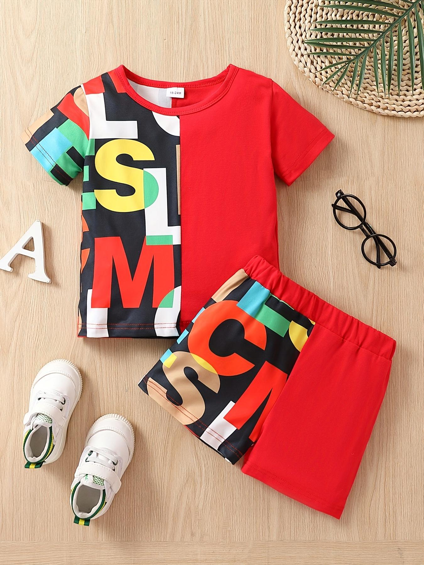 Boys Summer Outfit 2 Piece Set Fashion Color Block Letter Print Short Sleeve Shorts Set 18-24M