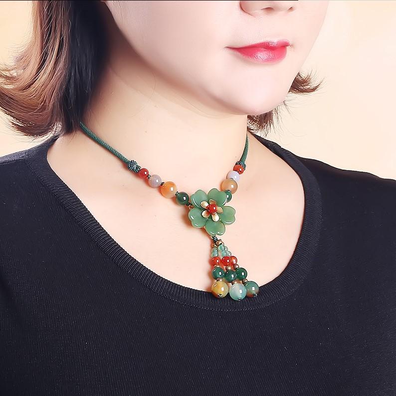 GEMCHIC Women s Vintage Green Agate Flower Necklace Ethnic Style Glass Bead Tassel Choker Jewelry
