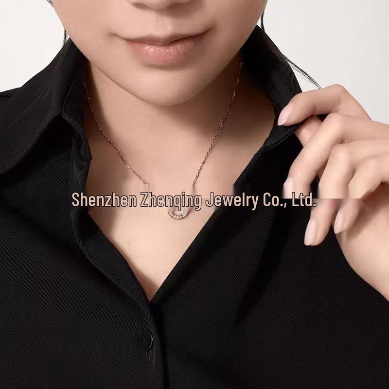 925 Sterling Silver LOVE Double Ring Necklace with Full Diamond Round Disc and Geometric Clavicle Chain