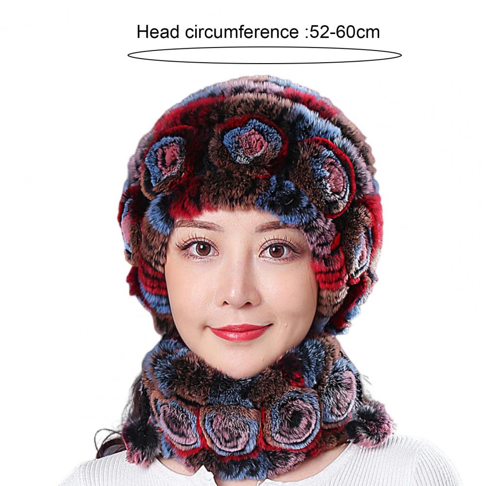 Gorro de invierno para mujer con bufanda integrada, grueso, cálido, de piel sintética de conejo Rex, con decoración floral, resistente al viento, para viajes al aire libre y frío.