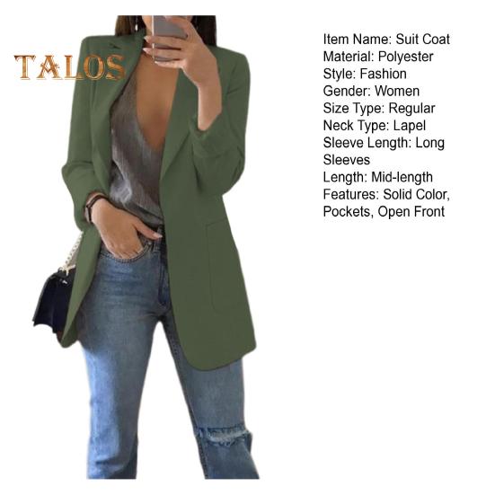 Women Suit Coat Lapel Long Sleeve Open Front Suit Jacket Solid Color Big Pockets Commuting Style Casual Business Outwear