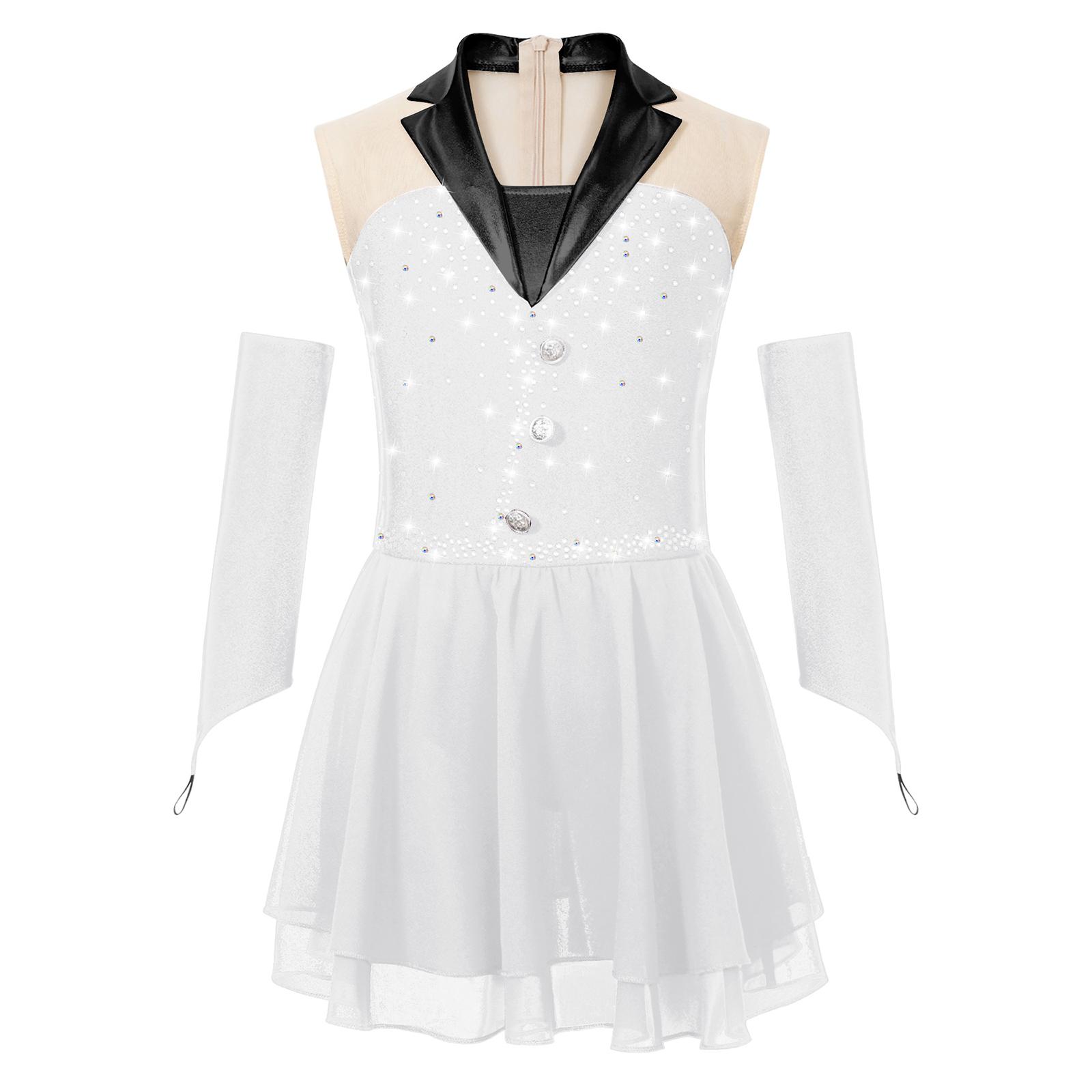 

Girls Sleeveless Sparkling Skating Dance Dress Patchwork Design Built-in Briefs Fingerless Gloves One-Piece Dress 5-6 Years білий