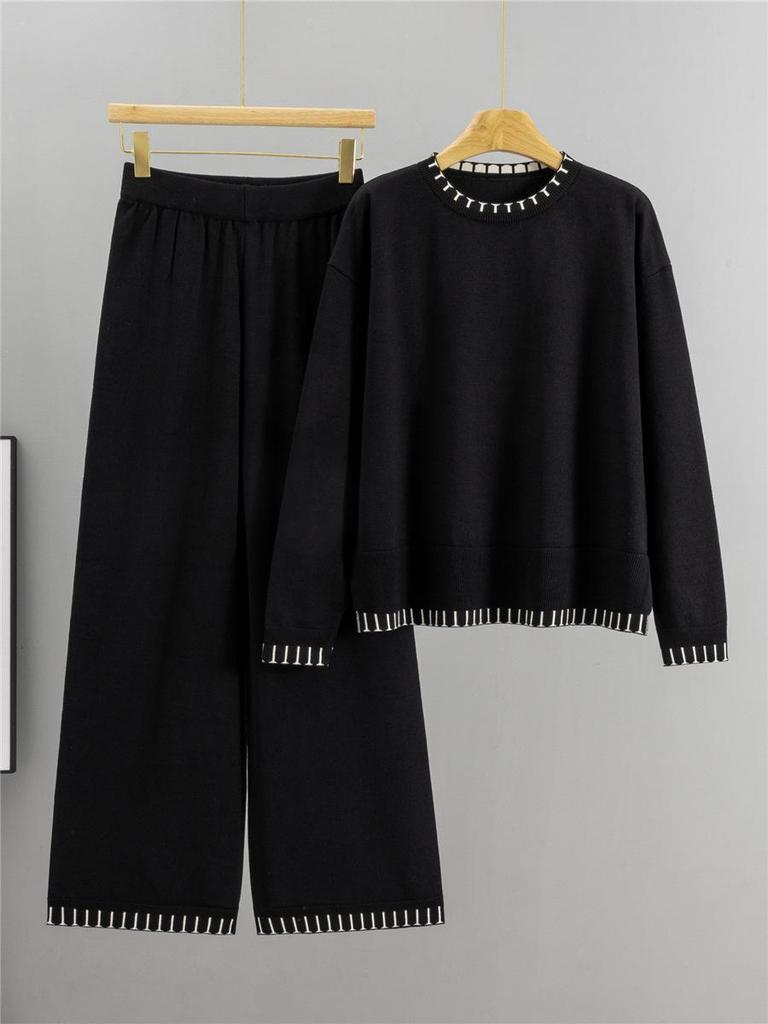 Women's Knitwear Set: Loose Long Sleeve Sweater & Wide Leg Pants, Spring/Autumn Fashion Two-Piece Set