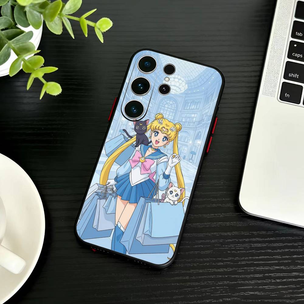 Cartoon S-Sailor M-Moon Phone Case For Samsung S26,S25,S24,S23,S22,S30,S21,Ultra,Plus,FE 5G Black Soft Cover