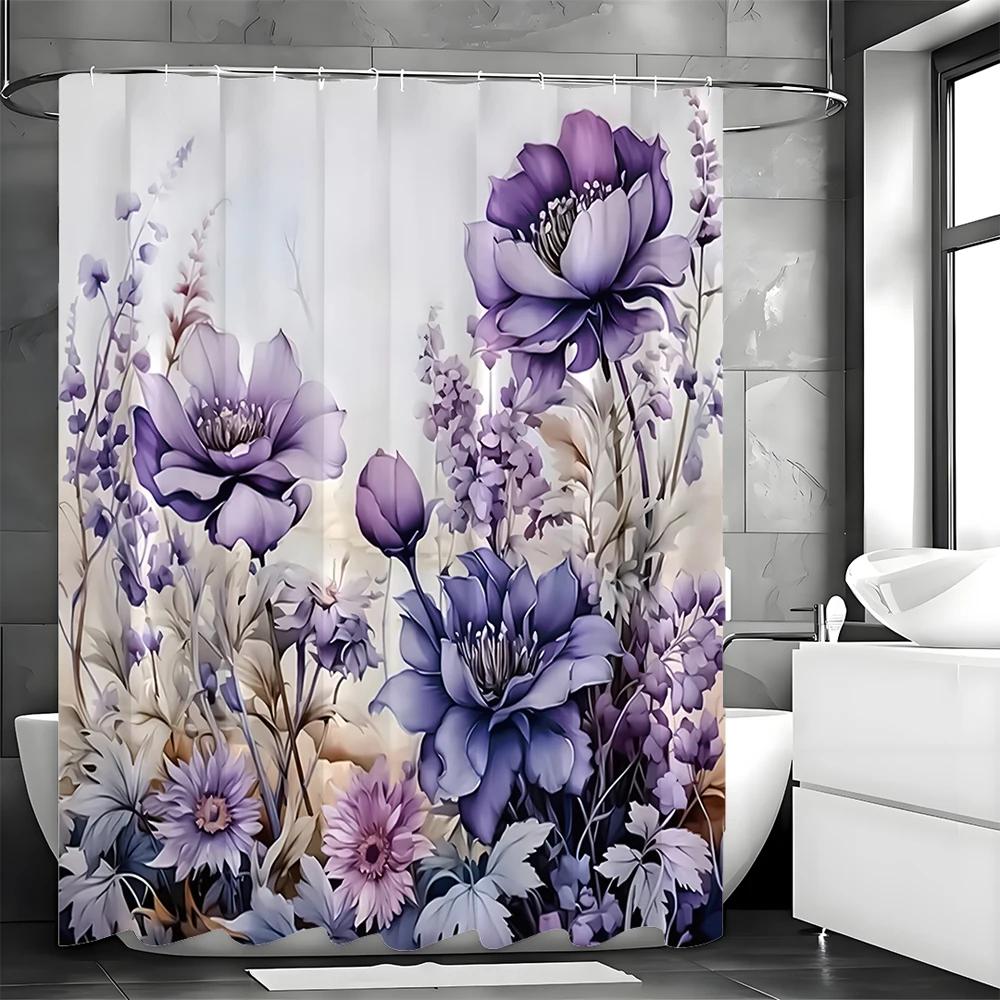 Purple Floral Flower Decorative Shower Curtain, Bathroom Decorative Shower Curtain, Waterproof Shower Curtain with Hooks
