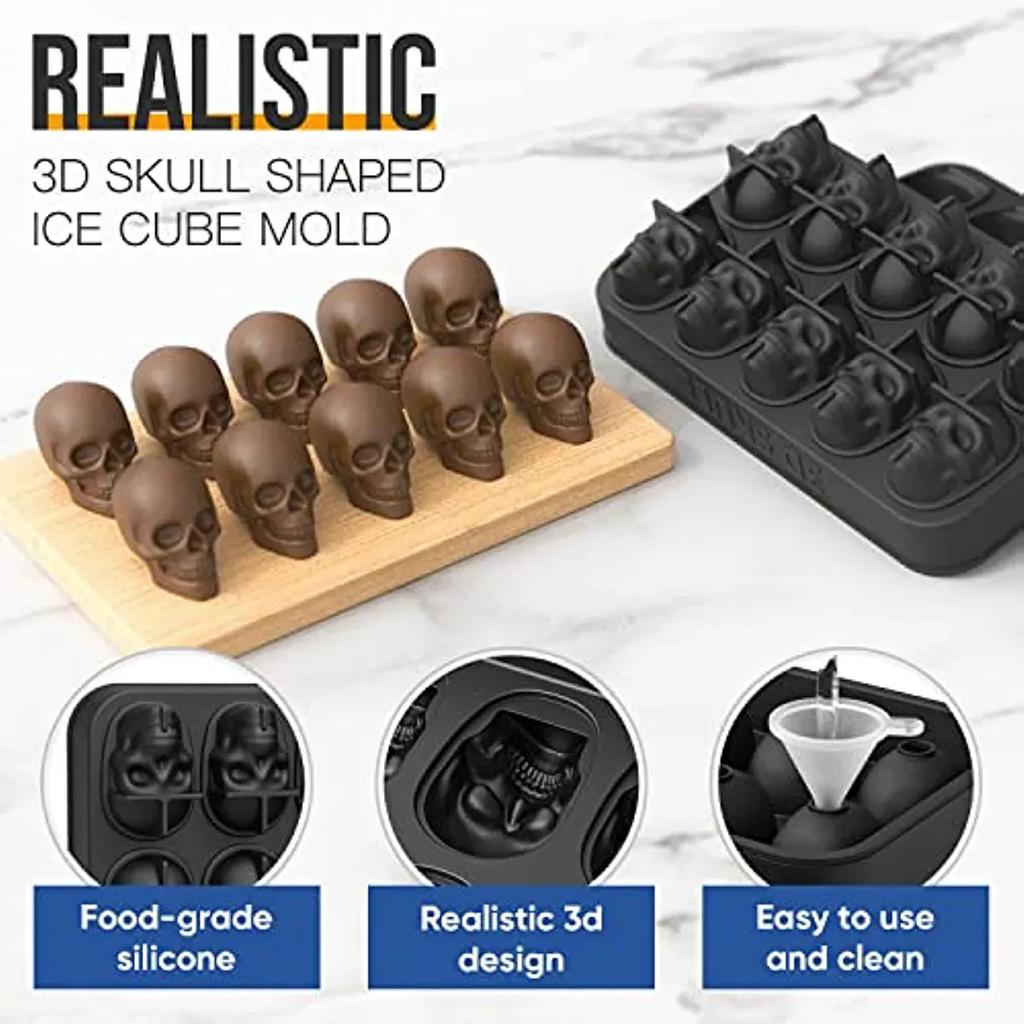 3D Skull Ice Machine Mold for Whiskey - 10 Cavity Skull Ice Cube Tray with Funnel - Skull Silicone Mold for Baking, Chocolate