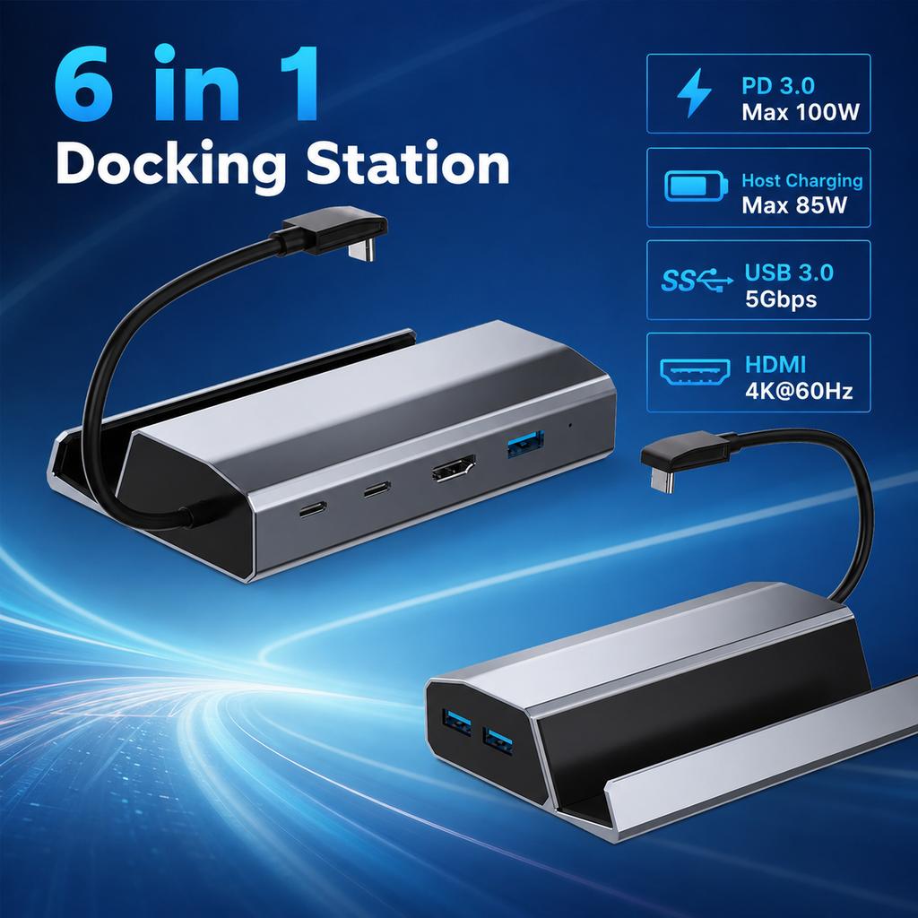 6 in 1 Steam Deck Docking Station 4K 60Hz HDMI 100W PD Type C 5Gbps USB 3.0 TV Base Stand Holder Hub for ROG Ally Switch