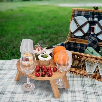 Wooden Outdoor Folding Picnic Table 2 In 1 With Glass Cup Holder Portable Round Fruit Picnic Plate Foldable Desk For Beach Garde