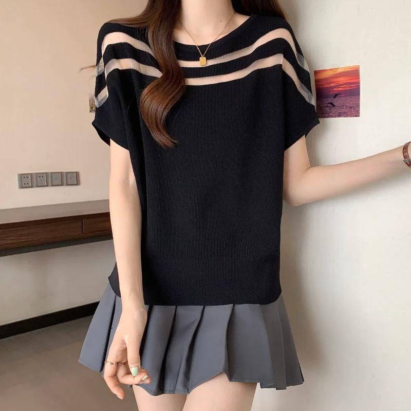 O-Neck Women's Summer New Spliced Screw Thread Batwing Sleeve Fashion Loose Ice Silk Knitted Short Sleeved Tops