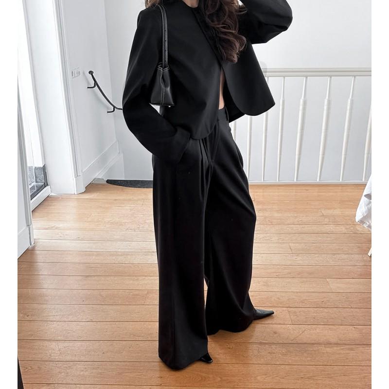 Womens Black Suit Set Long Sleeve Top Pants Elegant Casual 2-Piece Outfit